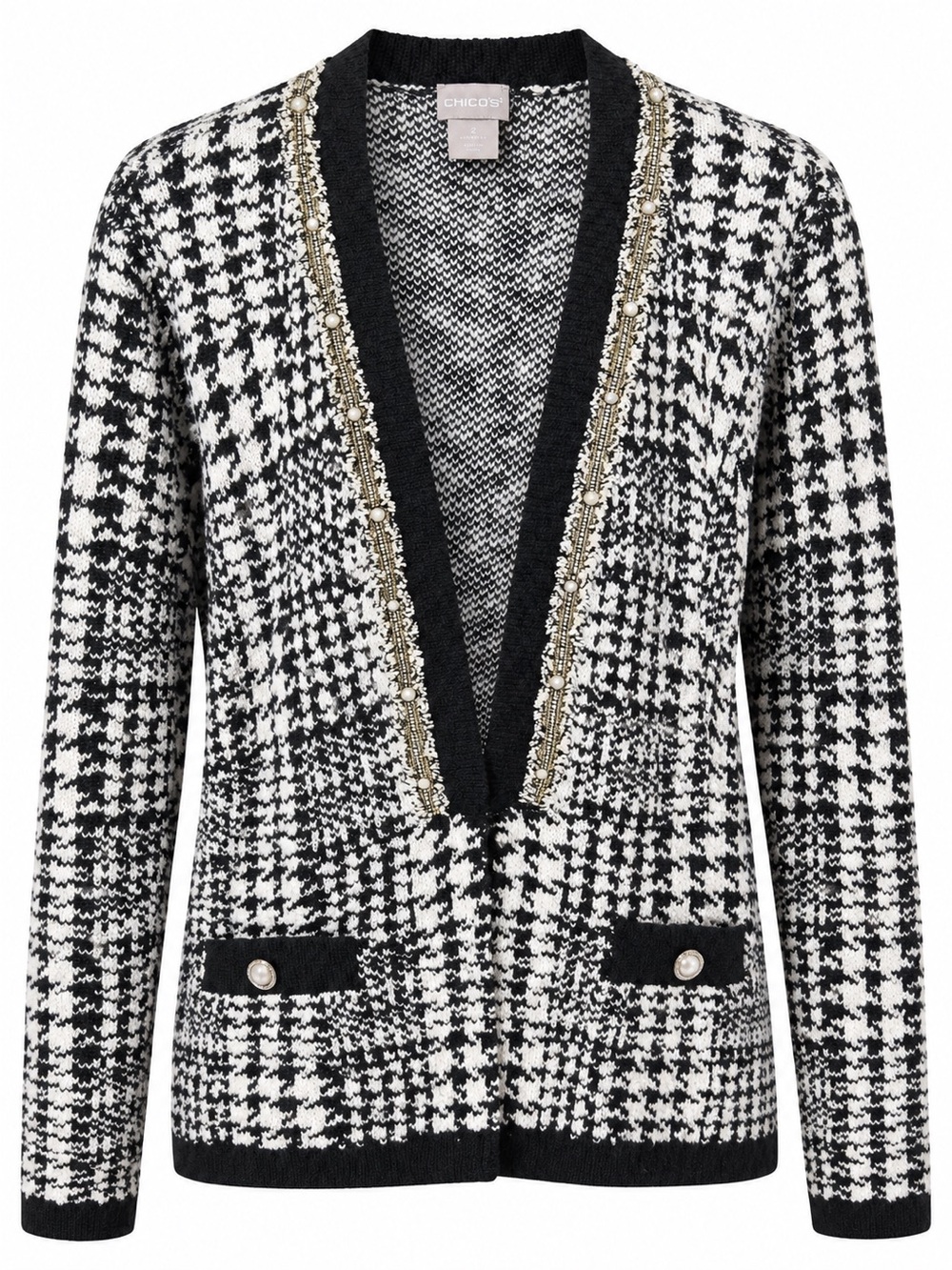 Chico's Cardigan Sweater Size 2 Black White Pearl Beaded Trim NWT